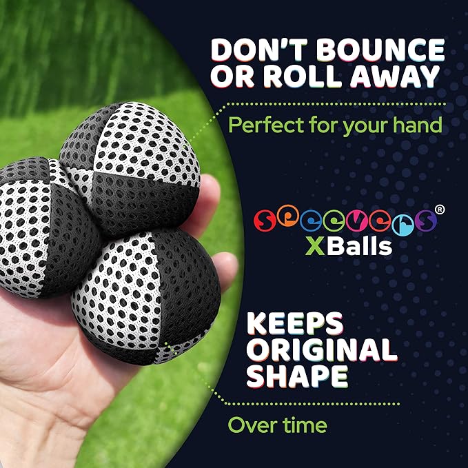 speevers Juggling Balls for Beginners and Professionals Set of 3, Juggling Bean Bags 14 Colors Available, 2 Layers of Net and Carry Case, Original Xballs Juggling Balls (Black - White, 4.2 oz)