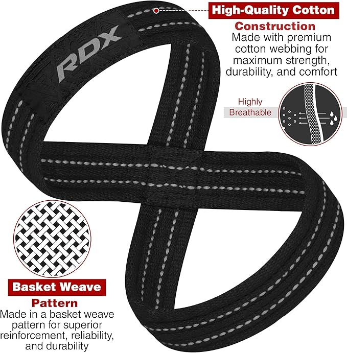 RDX Weight Lifting Straps Figure 8, Anti Slip Strap with Cuffs Wrist Support for Gym Workout Deadlift Powerlifting Bodybuilding Weightlifting, Fitness Strength Training, Hand Bar Grip for Men