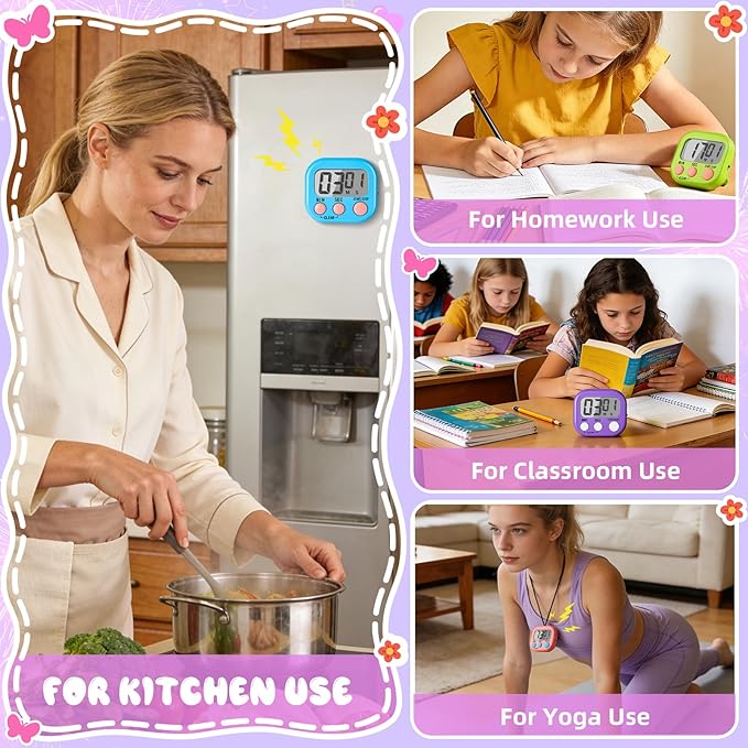 24 Pcs Multi-Function Electronic Timer Small Digital Kitchen Timer Digital Timer with Stickers Magnetic Back for Cooking Classroom Study Gym with Countdown/Up Mode,4 Colors