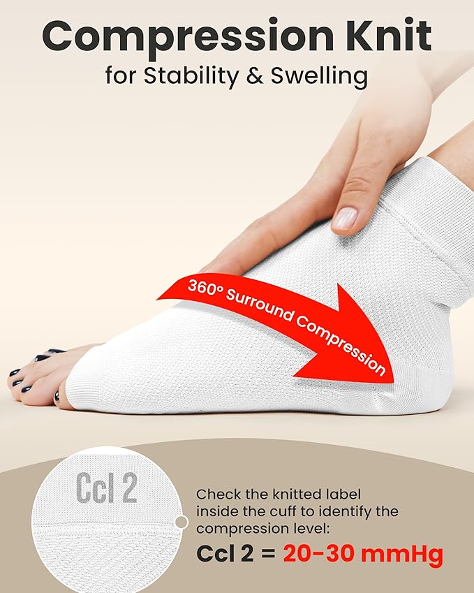 KEMFORD Ankle Compression Sleeve - 1-Pair, Plantar Fasciitis Braces - Open Toe Compression Socks for Swelling, Sprain, Neuropathy, Foot Arch Support for Men and Women - 20-30mmhg, L, White