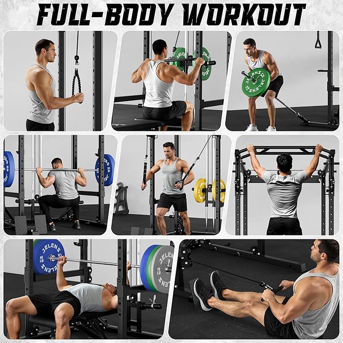 JELENS C12 Squat Rack for Home Gym, 2000LBS Power Rack with Adjustable Pulley System, Power Cage Workout Equipment with LAT Pulldown and Training Attachment