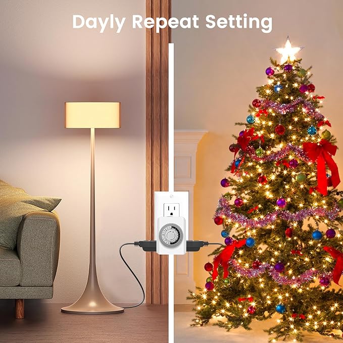 Timers for Electrical Outlets Indoor, AaiVrylliz 3-Prong Dual Outlet Timer,24-Hour 30 Minute Daily On/Off Cycle, Plug-in Mechanical Timers for Christmas Lights, Lamps, Grow Light