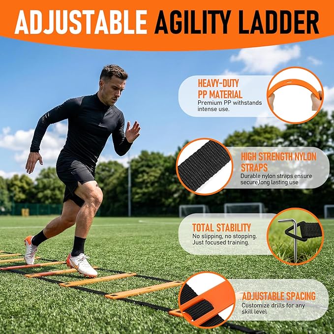 Speed and Agility Training Equipment: 5 Adjustable Agility Hurdles. 20ft Agility Ladder, Soccer Training Equipment Set for Kids Youth Adults