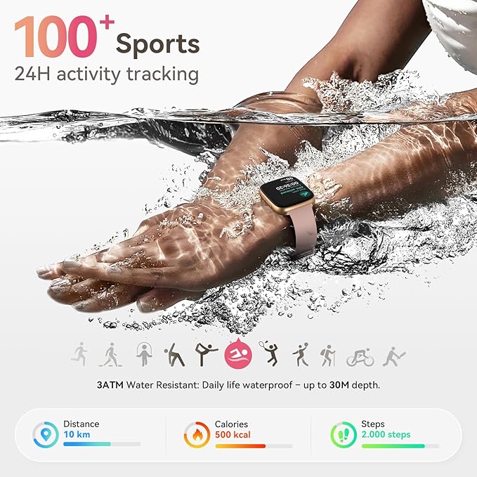 Smart Watch for Women, Answer/Make Call, 1.85" AMOLED Always-On Display Screen Smartwatch for iPhone & Android, 3ATM Waterproof Fitness Tracker with Heart Rate/Sleep/SpO2 Monitor, 100+ Sport Modes