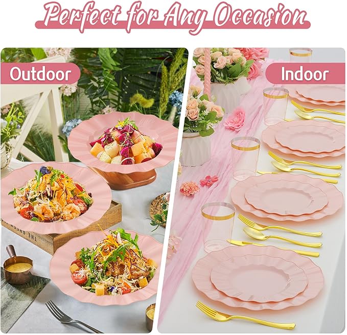 60Pcs Premium Pink Plates Disposable, Fancy Plastic Disposable Plate, Elegant Wedding Plates Set include 30 10" Dinner & 30 7" Dessert Plates for Party Wedding(30Guests)
