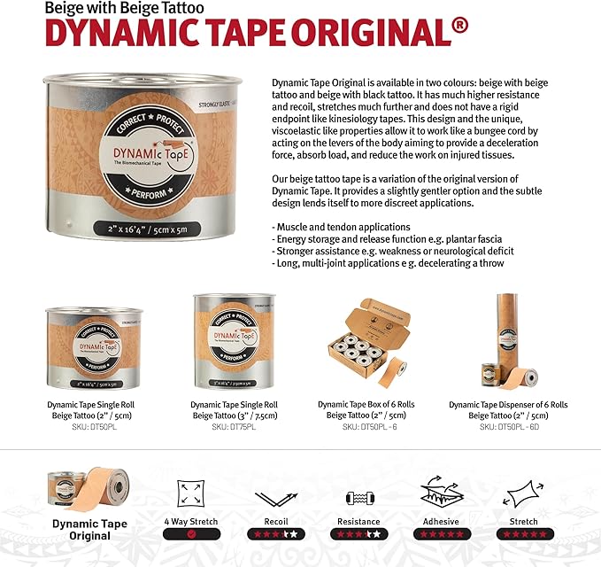 Dynamic Tape Original - Biomechanical Athletic Tape | 4 Way Stretch & Stronger Recoil than Kinesiology Tape | Designed for Muscle & Joint Load Management | Perfect for High-Load Sports (3" Beige Roll)