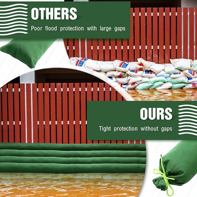 Threan 8 Pcs Long Canvas Sandbags for Flooding Sand Tube Bags Flood Protection Thickened Reusable Rain Wind Flood Barrier with Elastic Band Water Barrier Tube for Door Rain Control, Green (4ft)