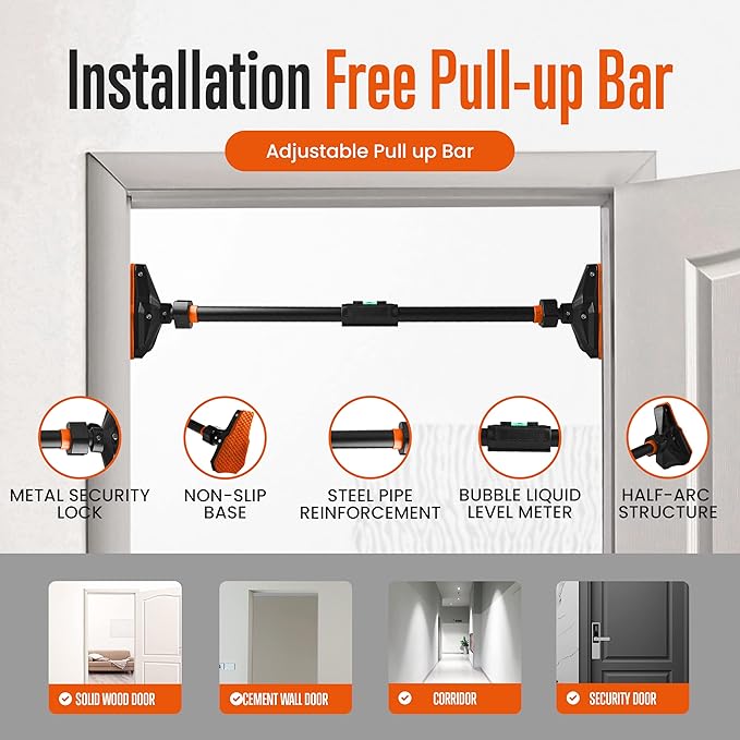 SQUATZ Adjustable Pull-Up Bar - Strength Training Exercise Equipment with Automatic Locking, Adjustable Width 29 to 45 inches, Upper Body Workout Bar for Men and Women Home Gym Exercise