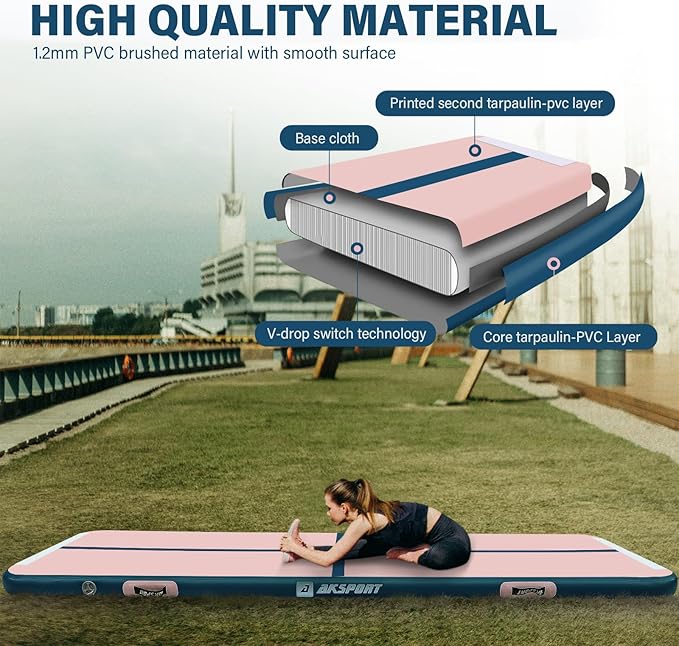 AKSPORT Gymnastics Air Mat Tumble Track Tumbling Mat Inflatable Floor Mats with Air Pump for Home Use/Tumble/Gym/Training/Cheerleading/Parkour/Beach/Park/Water