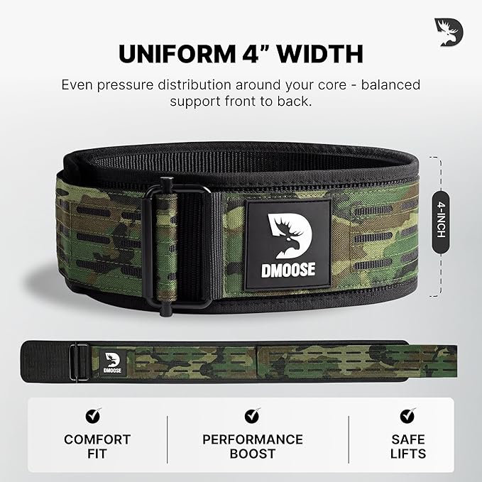 DMoose Weight Lifting Belt - Auto Locking Gym Belt for Olympic Training, WOD, Cross Training for Men and Women - 4" Nylon Workout belt with Adjustable Buckle - Provides Lumbar Support and Stability
