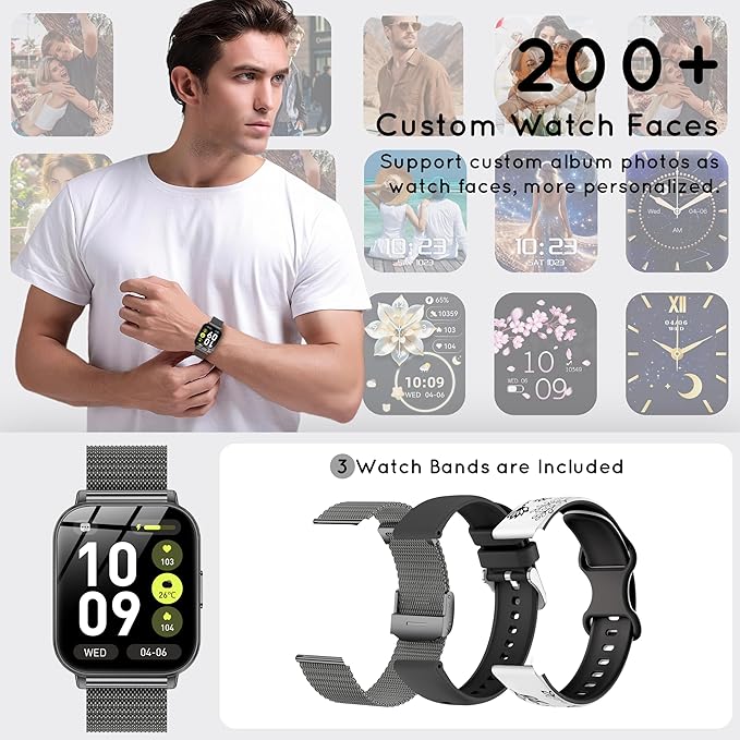 Smart Watch for Men Women, 30+ Day Long Battery 44MM Fitness Smartwatch for iPhone Android Phones with Bluetooth Call/Step Tracker/Heart Rate SpO2/Sleep Monitor, 120+ Sports Modes, 1000mAh/3 Bands