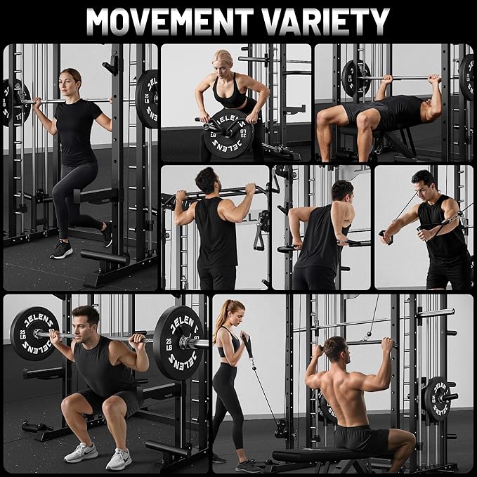 JELENS Smith Machine for Home Gym, Multi-Function M12 Power Cage with Cable Crossover System, Squat Rack with Smith Bar and More Attachment