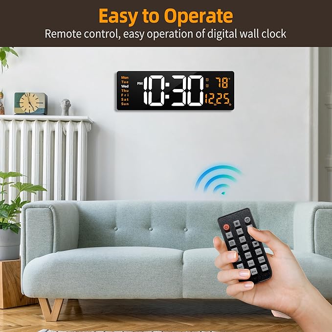 LEIKE 16.2'' Large Digital Wall Clock with Remote Control, Big LED/Dual Alarm/8 RGB Colors/Auto Brightness/Date/Auto DST/Temperature/Night Light Gym Clocks for Living Room Bedroom Office Wall Decor
