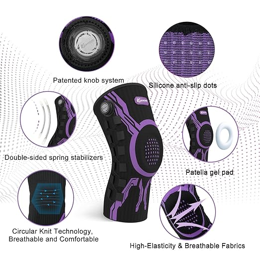 Kuangmi Knob Knee Brace for Pain Relief, Knee Support with Patella Gel Pad & Side Stabilizers, Compression Knee Sleeve for Workout, Arthritis, Joint Pain, Meniscus Tear (Purple Black,Right,X-Large,Single)