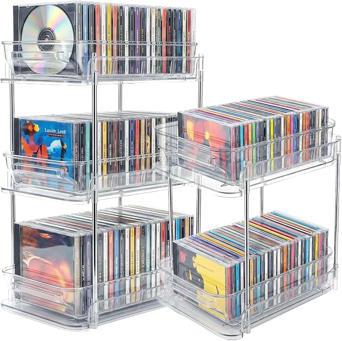 Clear CD Organizer, 2-Tier Sliding Drawer Storage Shelf - Holds 48 CDs, Versatile Organizer for VCDs DVDs CDs, Cosmetics, Cups (2-Tier)