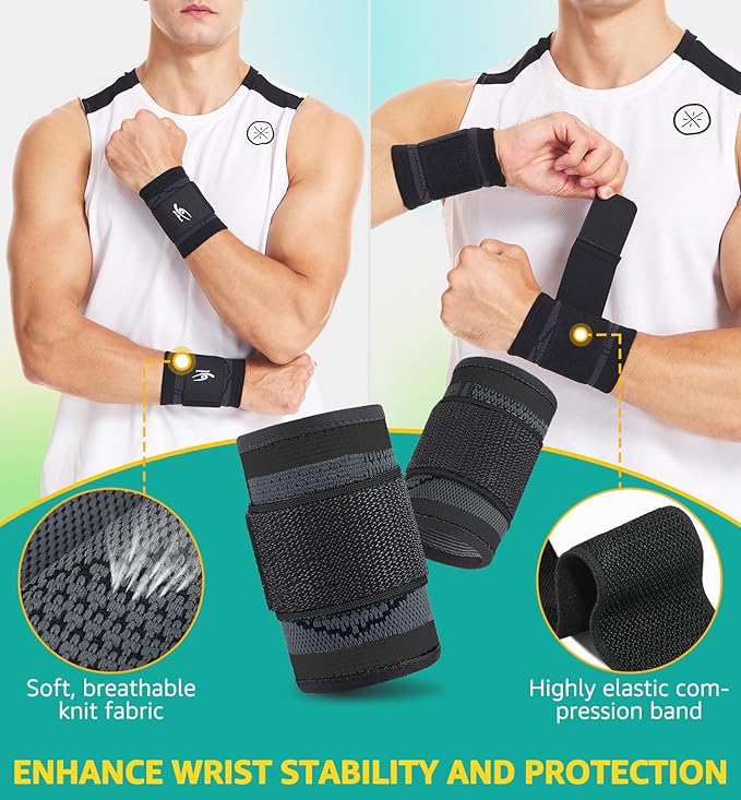HiRui Wrist Brace Wrist Wraps Compression Wrist Strap, Wrist Support for Work Fitness Weightlifting Sprains Tendonitis, Carpal Tunnel Arthritis, Pain Relief, Adjustable Wristbands 2 PACK (Black, S)