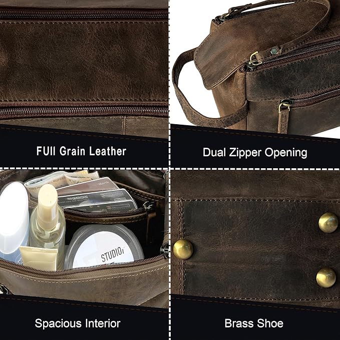Leather Wash Bag for Men - Travel Toiletry Bag - Shaving Dopp Kit Toiletries Organizer - Leather Makeup Bag for Women