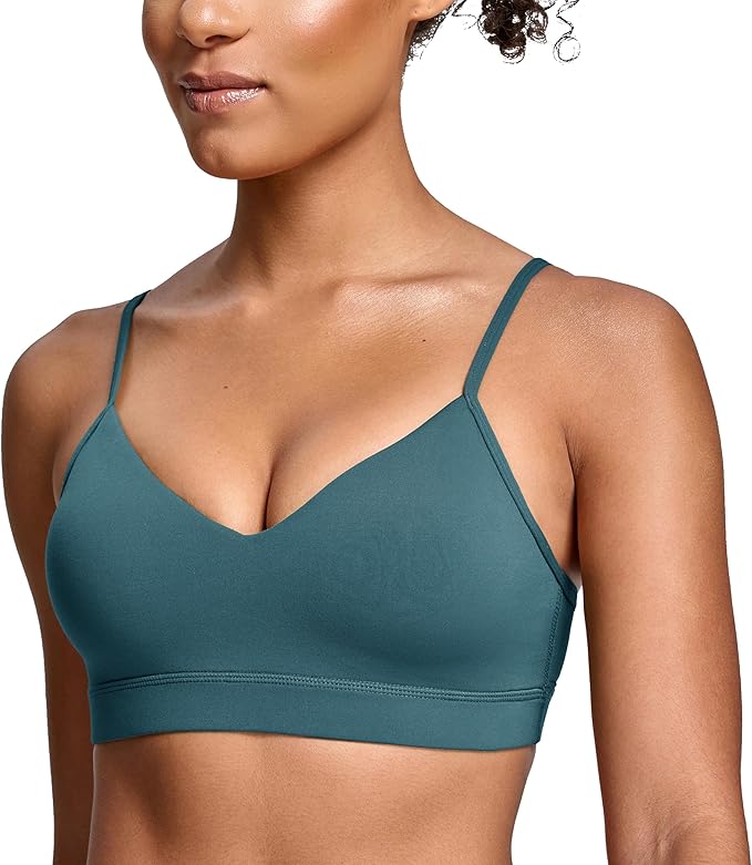 Oalka V Neck Sports Bra for Women Adjustable Padded Thin Straps Wireless Yoga Bras
