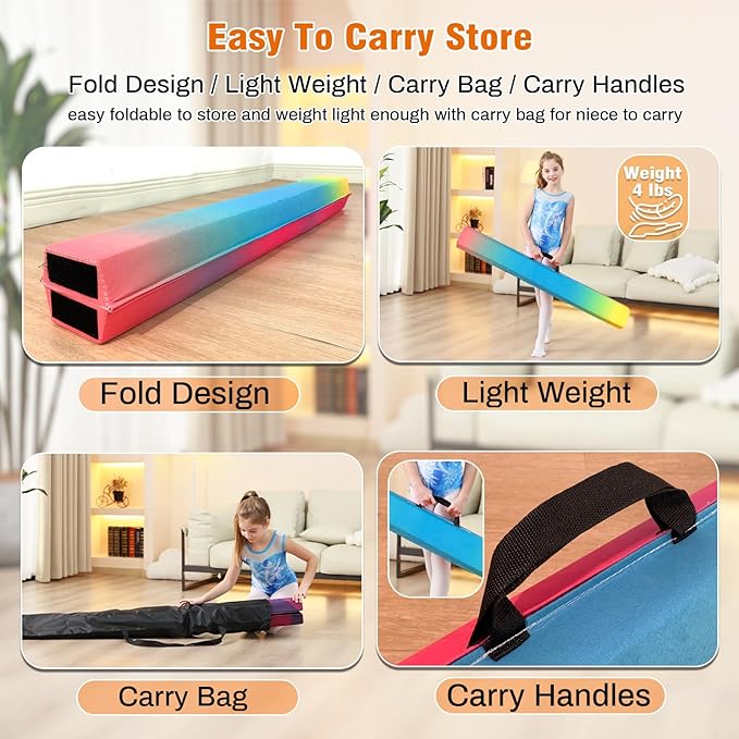 MARFULA 6 FT / 8 FT / 9 FT Folding Gymnastics Beam Foam Balance Floor Beam - Extra Firm - Suede Cover - Anti Slip Bottom with Carry Bag for Kids/Adults Home Use
