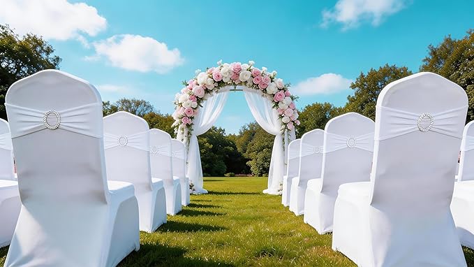 Wedding White Chair Sashes 100 Pack Spandex Chair Bands with Buckles Slider Chairs Bows for Party Birthday Bridal Shower Engagement Anniversary Christmas Event Decorations