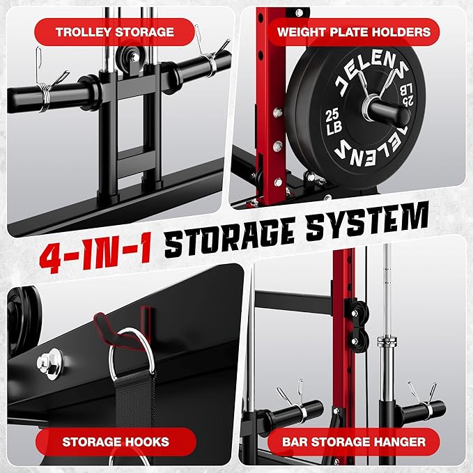 JELENS C12 Squat Rack for Home Gym, 2000LBS Power Rack with Adjustable Pulley System, Power Cage Workout Equipment with LAT Pulldown and Training Attachment