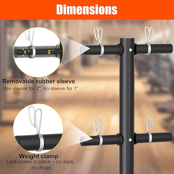 Movable Weight Plate Rack, Heavy Duty Olympic Plate Rack for 1 or 2-Inch Plates with 2 Barbell Holders, Bumper Plate Storage with Locking Wheels for Garage, Home Gym