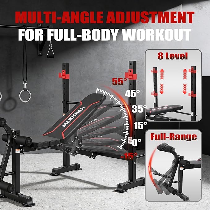 Foldable 1500LBS 8 IN 1 Olympic Weight Bench Set with Squat Rack, Leg Extension/Curl & Preacher Curl, Adjustable Bench Press Set with Safety Bar Catches for Home Gym Full Body Workout