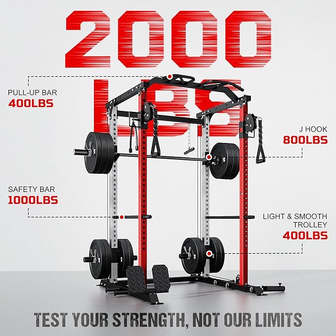 DP01 Power Cage, 2000LBS Squat Rack with with Cable Crossover and Dual Independent Pulley System, Full Cage for Full Body Training, Power Rack with More Training Attachments for Home Gym