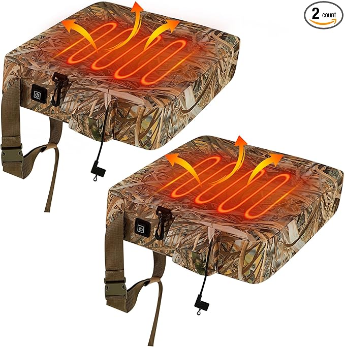 Barydat 2 Pack Heated Hunting Seat Cushion Warm Waterproof Reed Camouflage Portable Pad 16 x 14 x 3.5 Inch for Outdoor Tree Ladder Stand Ice Fishing Hiking Camping Sporting Events (Without Battery)