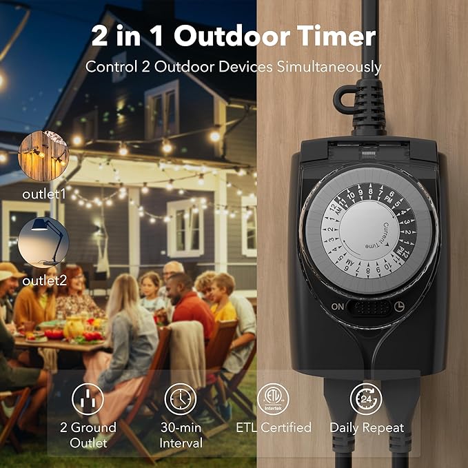 HBN Outdoor Timer Outlet Waterproof, 24 Hour Mechanical Light Timers for Electrical Outlets Outdoor Weatherproof, 2 Grounded Outlets for Christmas Lights, Pool Pump, 15A 1/2HP