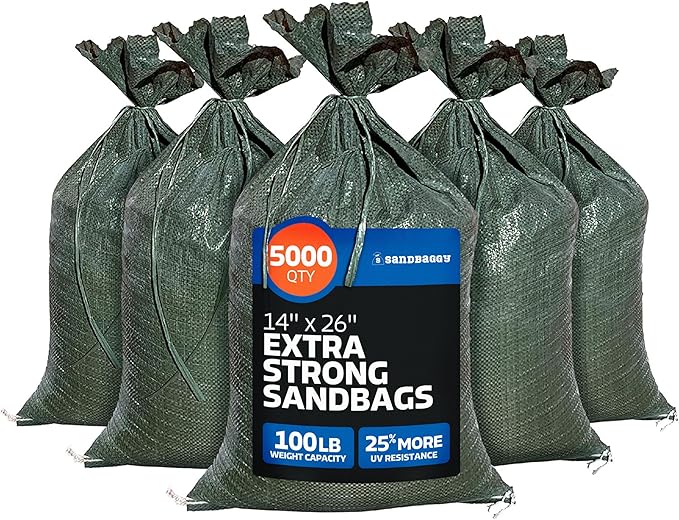 Sandbaggy - Heavy Duty Empty Sandbags For Flooding (14" X 26") - Poly Sand Bags - Flood Barrier, Weight, Construction, Earth Bag Homes - Reusable, UV Resistant - Tie Strings Attached (5,000 Bags)