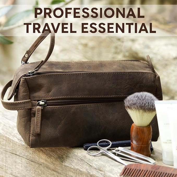Leather Wash Bag for Men - Travel Toiletry Bag - Shaving Dopp Kit Toiletries Organizer - Leather Makeup Bag for Women