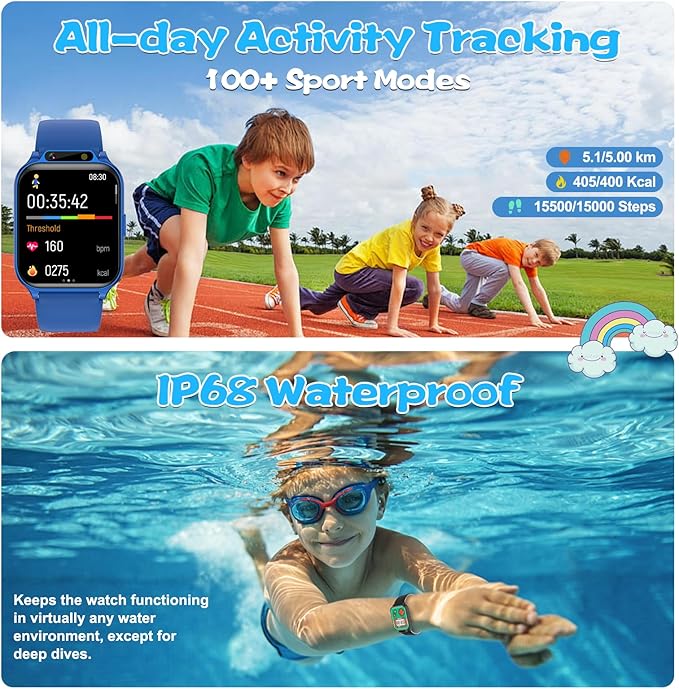 Smart Watch for Kids, 1.85" Fitness Tracker with Heart Rate, Sleep Monitor, IP68 Waterproof Smartwatches with Video Music, Pedometer, Game, NO APP/Phone, Gift for Boys Girls. (Classic, Black)