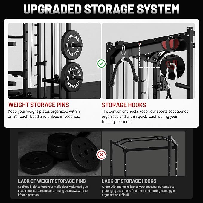 JELENS Smith Machine for Home Gym, Multi-Function M12 Power Cage with Cable Crossover System, Squat Rack with Smith Bar and More Attachment