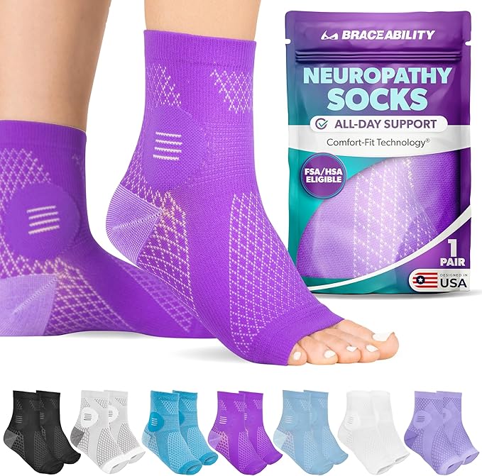 BraceAbility Neuropathy Socks (Pair) - Peripheral Neuritis Compression Diabetic Toeless Foot Sleeves for Nerve Damage Pain in Feet, Ankle Gout, Plantar Fasciitis Relief Brace for Men and Women (L - Purple)
