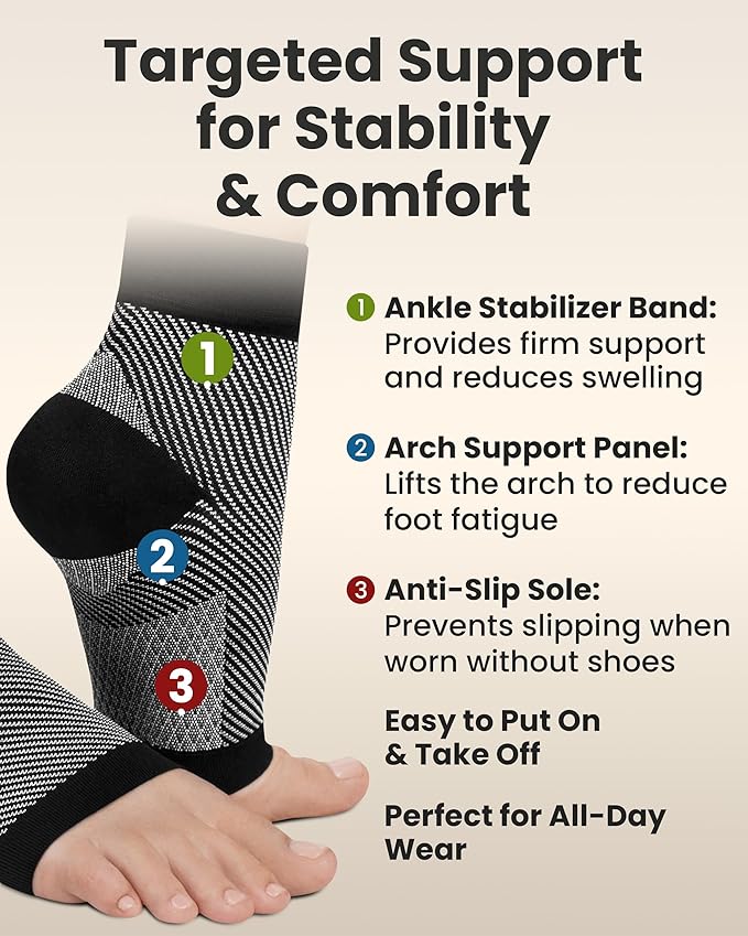 KEMFORD Ankle Compression Sleeve - 1-Pair, Plantar Fasciitis Braces - Open Toe Compression Socks for Swelling, Sprain, Neuropathy, Foot Arch Support for Men and Women - 20-30mmhg, M, Black and White