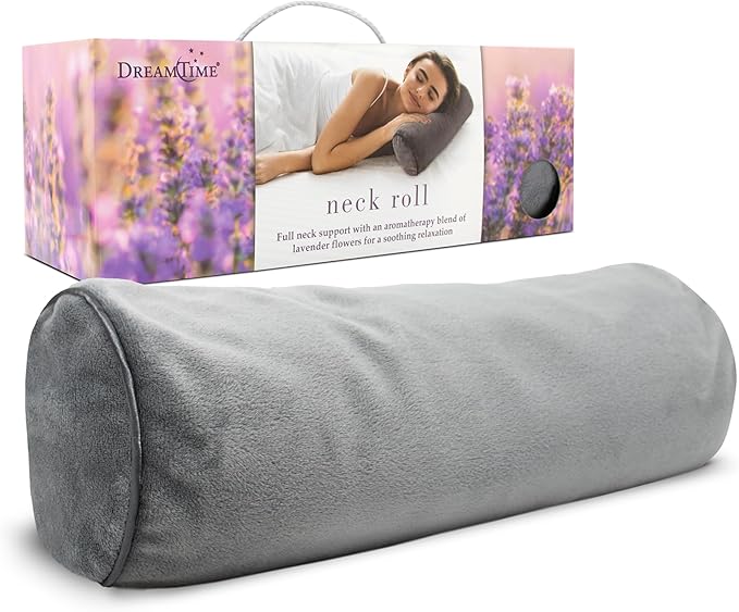 Dreamtime Neck Roll Pillow, Ergonomic Cylinder Bolster for Sleeping, Ideal Cervical Support for Both Side and Back Sleepers, Buckwheat Filling with Lavender Aromatherapy, Gray, 12.5" x 4.5" x 4.5"