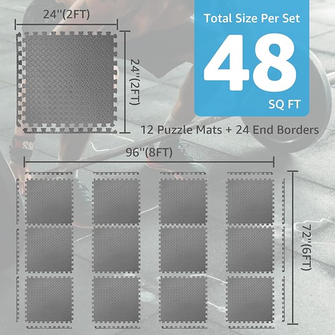 Art3d 48 Sq.Ft Eva Puzzle Exercise Mats, 1/2" Thick Foam Interlocking Tiles for Flooring, Workout, Gym Equipments, Pack of 12, Grey