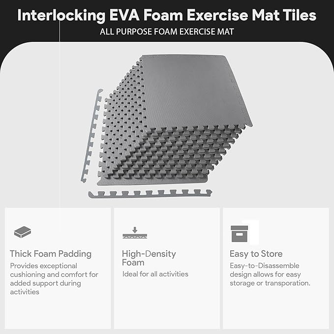 BalanceFrom Puzzle Exercise Mat 1/2' Thick, EVA Interlocking Foam Floor Tiles for Home Gym, Mat for Home Workout Equipment, Floor Padding for Kids, Gray, 24 in x 24 in x 1/2 in, 48 Sq Ft - 12 Tiles