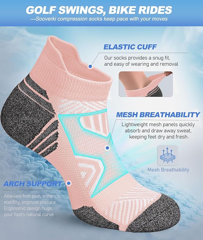 Cushioned Cotton Ankle Compression Socks for Men Women 6 Pairs Wicking Low Cut Arch Support Plantar Fasciitis Socks