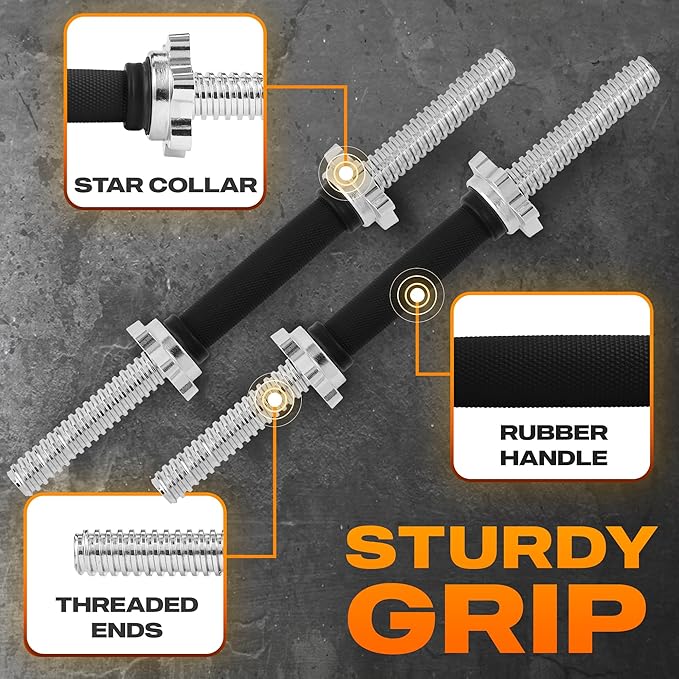 Yes4All Threaded Dumbbell Handles, Build Your Own Secure 14/16/18/24 Inch Dumbbell Bar Pair, Fit 1”–1.15” Plates Adjustable for Strength Progress, Non-Slip Star-Lock Collars, Tight Grip