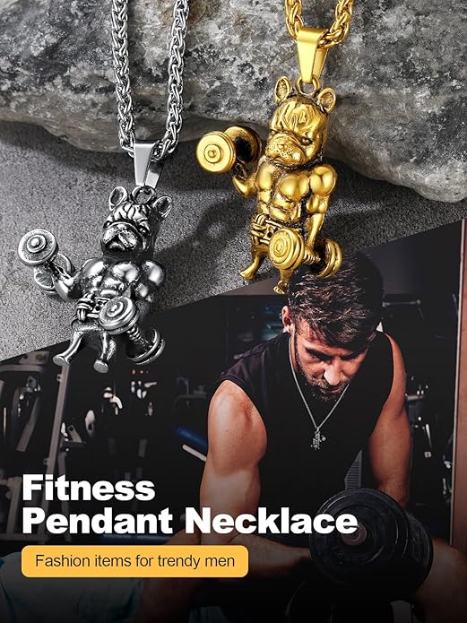 U7 Men Women Fitness Dumbbell Necklace Stainless Steel Weight Plate Barbell Chain Pendant Necklace,Chain 22"+2" Extender, with Gift Box