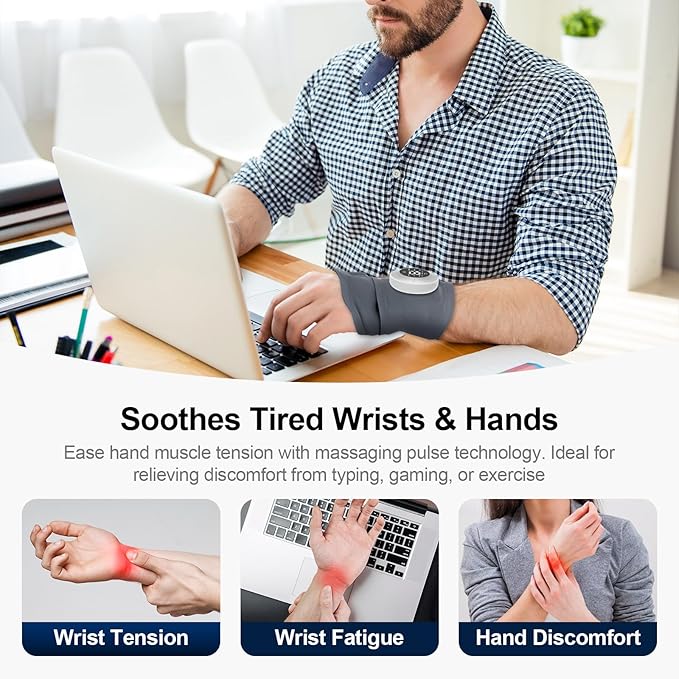Cordless Wrist Heating Pad with Pulse Massage, 3-Temperature & 19 Modes for Hand & Wrist Pain Relief, Electric Heat Wrap Soothes Sore Muscles from Typing, Gaming, Sports & Daily Use, Fits Both Hands