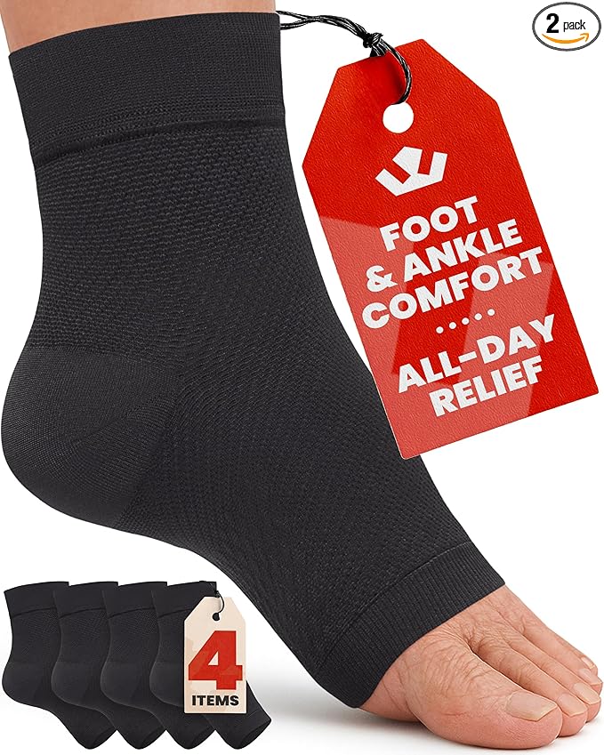 KEMFORD Ankle Compression Sleeve - 2-Pairs, Plantar Fasciitis Braces - Open Toe Compression Socks for Swelling, Sprain, Neuropathy, Foot Arch Support for Men and Women - 20-30mmhg, M, Black