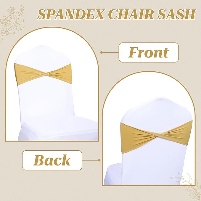 MDS Pack of 25 Spandex Chair Sashes Bows Elastic Stretch Dining Chair Bands Ties Without Slider Buckle Universal fits for Wedding Baby Shower Birthday Party Banquet Event Decoration - Gold