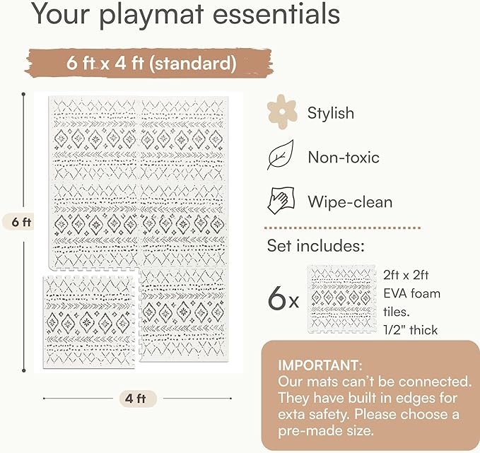 Lillefolk Baby Play Mat for Floor – 4x6ft Boho | Soft Non Toxic Premium EVA Foam Tiles for Tummy Time, Crawling & Playroom – Waterproof Interlocking Floor Mat for Babies & Toddlers (6 Tiles)