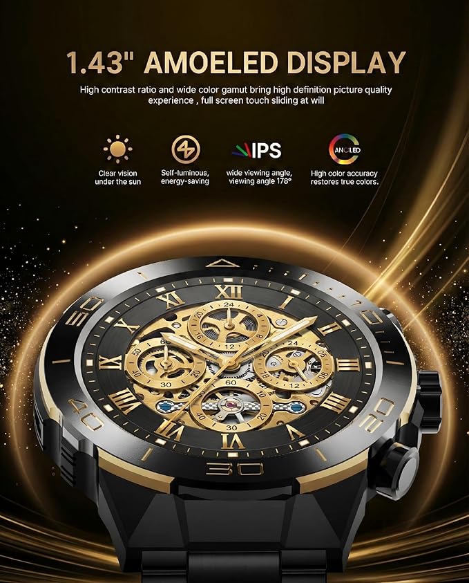 SOUYIE Men's Smart Watch with Bluetooth Call, 1.43" AMOLED Round Dial, Luxury Stainless Steel & Silicone Bands, Business Sport Fitness Tracker, Heart Rate/Blood Pressure/Sleep Monitor for iOS Android