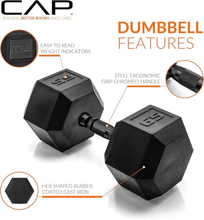 CAP Barbell Coated Hex Dumbbell Weight - Single | 10-120 lbs | Multiple Options