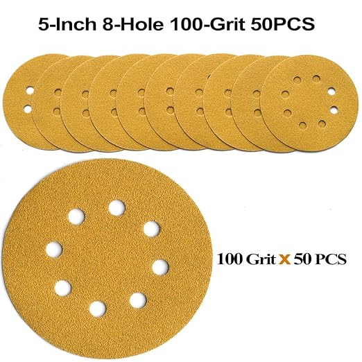 5-Inch 8-Hole Hook and Loop Sanding Discs 100-Grit Random Orbit Sandpaper, 50-Pack