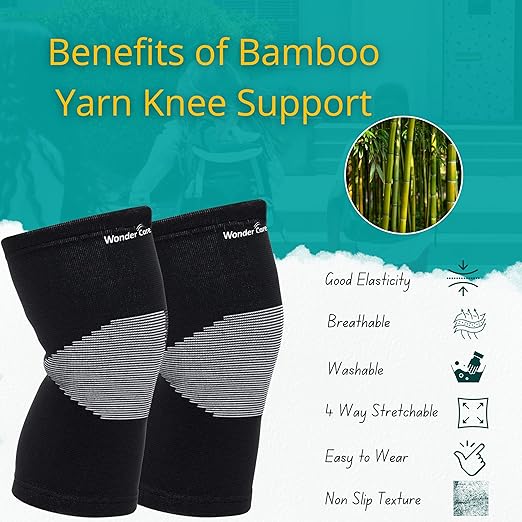 Wonder Care 2-Pack Bamboo Knee Compression Sleeve for Men and Women, Compression Knee Sleeve for Running, Volleyball, Gym Weightlifting Made from Bamboo Yarn, Perfect Knee Brace for Knee Pain and Enhanced Comfort - 1 Pair